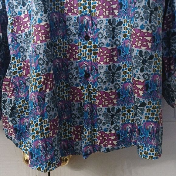 Alan Flusser turquoiuse purple printed long sleeve button down shirt  Sz XXL - Picture 2 of 9